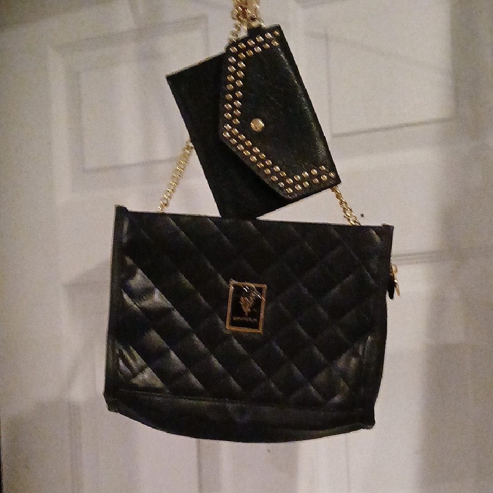 Younique Black Quilted Crossbody Bag with Gold Studded Wallet